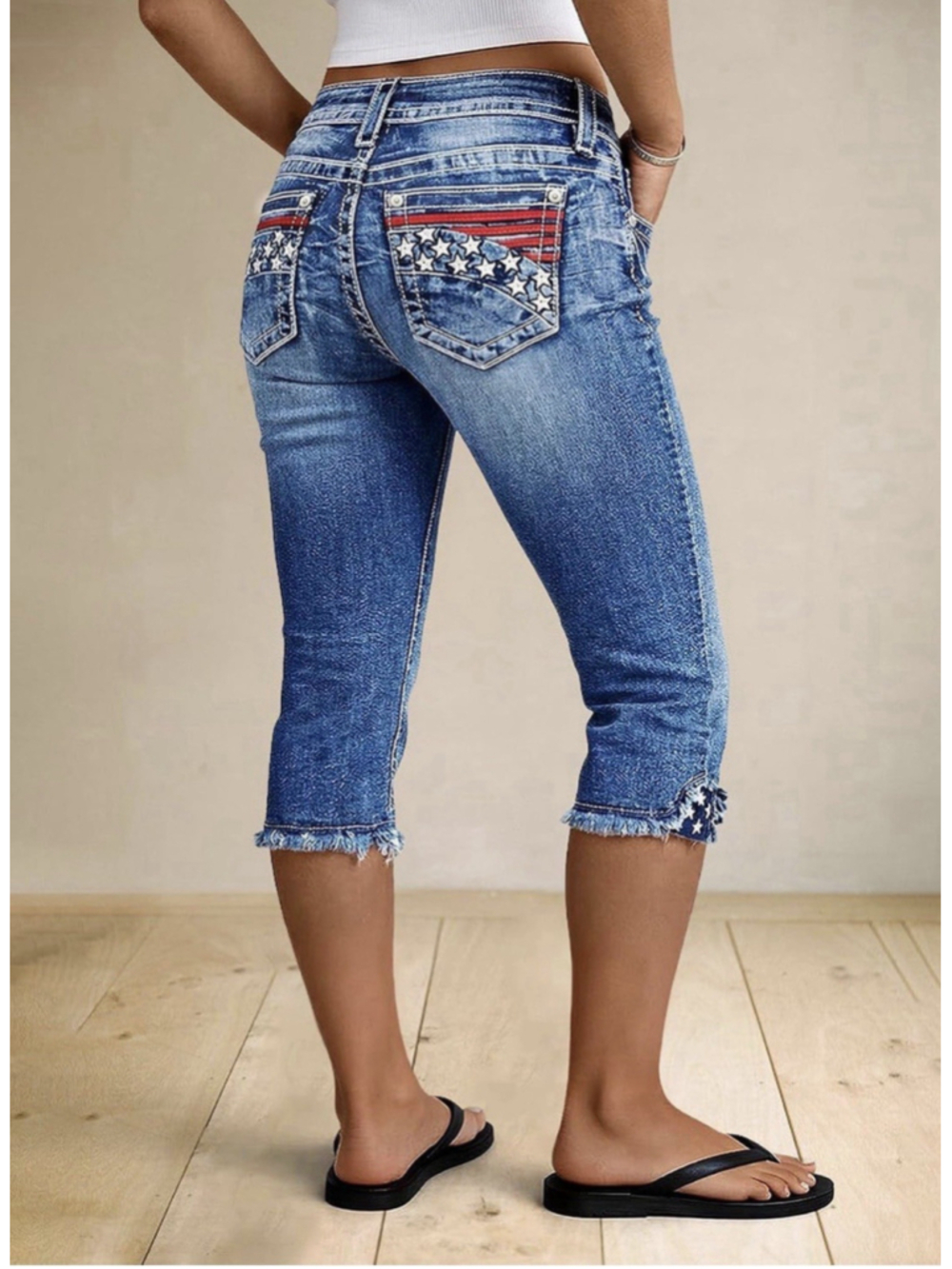 Flamingals Capris for Women Mid Waist Capri Crop Jeans Denim Wash 2XL
